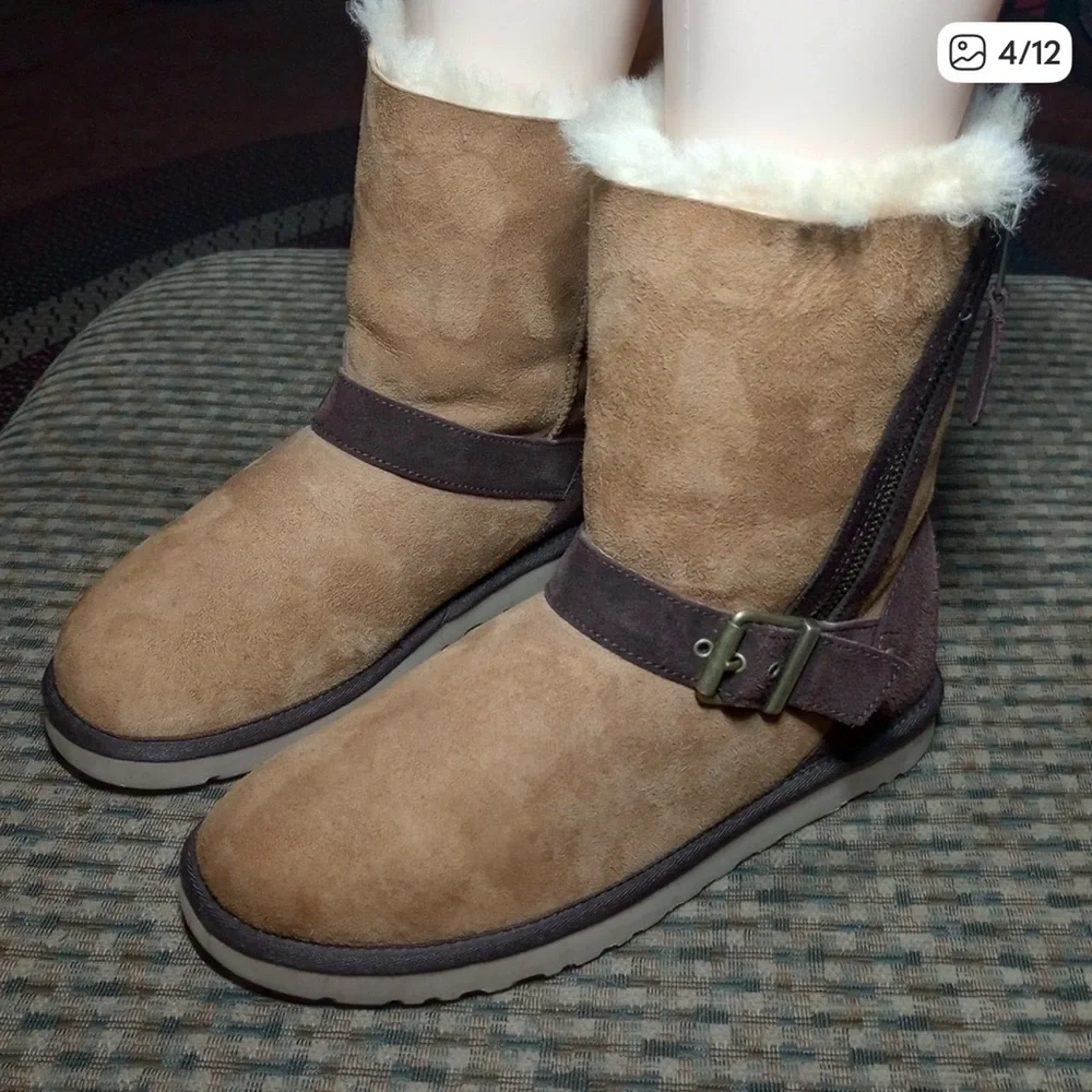 UGG Chestnut & Chocolate Shearling Brown Suede Women's Boots 8 Zip Buckle